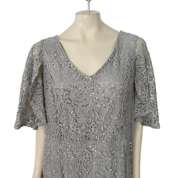 MARINA Silver Sequins & Lace Formal Maxi DressWeddingSZ 18W